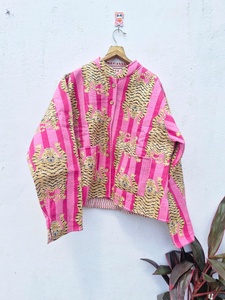 Wholesale Manufacture Indian Handmade Quilted Cotton Bomber Jacket <b>Vintage</b> Kantha Reversible Hooded Animal Print Eco-Friendly - Product Image 2