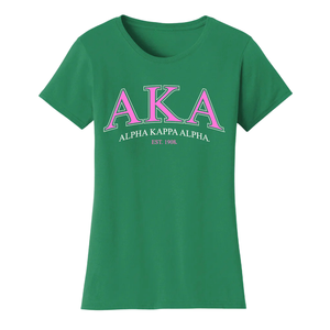T-shirt AKA College Letter en coton vert, col rond, manches courtes, graphique brodé, doux, respirant, décontracté, unisexe - Product Image 1