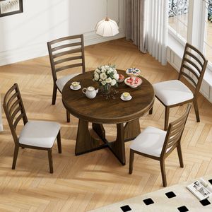 Set da Pranzo Retrò TREXM 5 Pezzi: Tavolo Rotondo Allungabile per 4 Persone con Prolunga Centrale Rimovibile da 40 cm e Sedie - Product Image 2