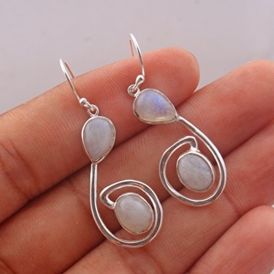 Natural <b>Rainbow</b> Moonstone Rhodium Plated 925 Sterling Silver Dangle <b>Drop</b> Earrings Handmade Gemstone Engagement Jewelry for Women - Product Image 2
