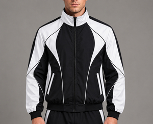 Men's Black White Color Blocking <b>Racer</b> <b>Jacket</b> Windproof Zipper Closure Stand Collar Sporty Autumn Wear - Product Image 3
