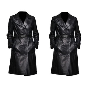 เสื้อโค้ทหนังแท้ผู้ชายแบบกระดุมสองแถว พร้อมเข็มขัด ปกคอพับ สีพื้น - Product Image 4