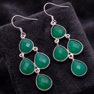 Boucles d'oreilles pendantes en onyx vert naturel, faites à la main, en argent sterling 925, bijoux classiques pour mariage et fête - Product Image 2