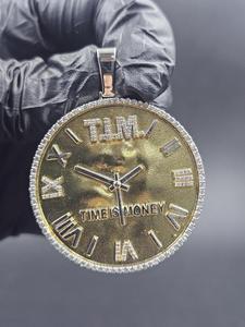 Time Is Money <b>Clock</b> Pendant with Roman Numerals and Iced Moissanite Diamond Border in 925 <b>Silver</b> - Product Image 3