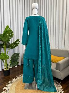 Ensemble Salwar Kameez brodé bleu sarcelle, tricoté, style ethnique indien, avec Dupatta à manches 3/4, tenue toutes saisons - Product Image 2