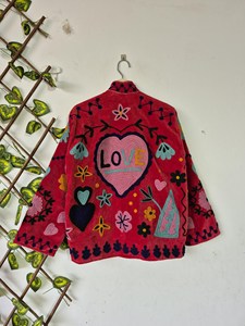 Vintage Pink <b>Velvet</b> Suzani Embroidered <b>Jacket</b> with Heart And Floral Pattern Full Sleeve Stand Collar Bohemian Winter <b>Jacket</b> - Product Image 3