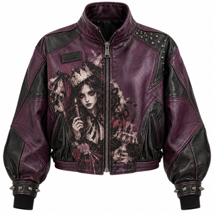 <b>Women</b> Plum Purple Leather <b>Jacket</b> Gothic Queen Portrait Graphic Printed Spiked Studded Stand Collar Bomber Coat Factory Offer - Product Image 1