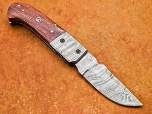 Damascus Steel <b>Folding</b> <b>Utility</b> <b>Knife</b> Rosewood Handle Vertical Carry Sheath Pocket EDC Hunting Camping Drop Point Support OeM - Product Image 4
