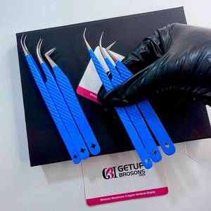 Pince à épiler GETUP BROSONS IMPEX en acier inoxydable 10 mm, revêtement poudré bleu, pointe courbée argentée, pointe lisse, découpe personnalisée, pour cils - Product Image 6