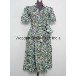 Robe Midi Formelle Élégante en Coton Tricoté 100% Naturel pour Femme, Col en V, Manches Courtes, Imprimé Floral, Coupe Trapèze, Ceinture à la Taille, Respirante, Vente en Gros - Product Image 3