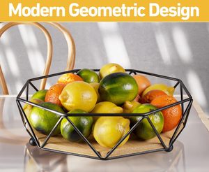 Modern Metal Wood Fruit Bowl for <b>Table</b> Large Decorative Produce <b>Basket</b> for Kitchen Counter Black Finished - Product Image 4