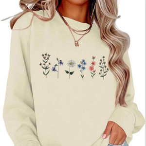 Sweat-shirt tendance pour femme, col tricoté, manches longues, décontracté, mélange de coton, respirant, écologique, confortable, coupe ample, hiver - Product Image 1