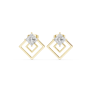Boucles d'oreilles clous fantaisie à double carré, disponibles en or jaune 14 carats avec diamants de laboratoire taille princesse, prix de gros - Product Image 1