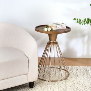 Antique <b>Gold</b> and Natural Retro Art Pine <b>Side</b> <b>Table</b> with Hollow Edge Nightstands - Product Image 3