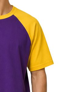 T-shirt Raglan Homme Manches Courtes Col Rond Coton Violet et Jaune Personnalisé Décontracté Streetwear Color Block - Product Image 4
