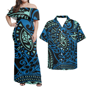 Matching Couple Outfit Evening <b>Dresses</b> Party <b>Hawaii</b> Polynesian Tribal Plumeria Floral Print Women Ruffle Off Shoulder <b>Dress</b> - Product Image 6