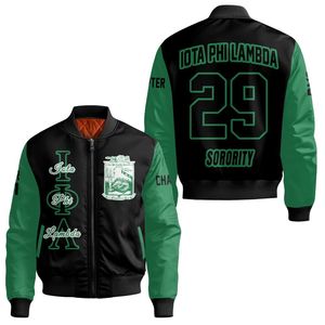 Veste universitaire personnalisée pour femmes Iota Phi Lambda, mélange noir et vert émeraude, avec écusson à lettres grecques et fermeture éclair arrière, style bomber - Product Image 3