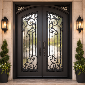 Puertas de Entrada de Hierro Forjado Personalizadas, Puerta Doble Exterior con Vidrio, Puertas de Seguridad de Lujo para Casas Residenciales y Villas - Product Image 4