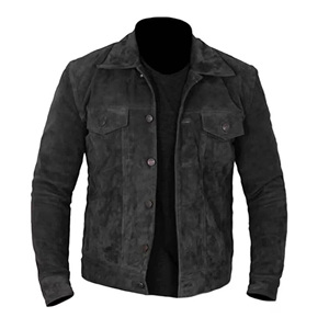 <b>Men's</b> High Quality Premium Leather <b>Trucker</b> <b>Jacket</b> Suede Canvas Stand Collar Front Logo Winter Green/Olive Suede Fully Lined - Product Image 4
