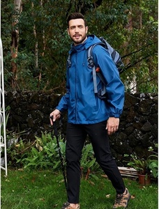 Blue Hooded Windbreaker <b>Jacket</b> Full Sleeve Zipper Closure Waterproof Casual Solid Color Regular Length Outerwear - Product Image 5