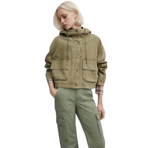 Women's Hooded Utility Safari <b>Jacket</b> Olive Green Full Sleeve Patch Pocket Windproof Autumn Wear Short Length Woven Fabric - Product Image 1