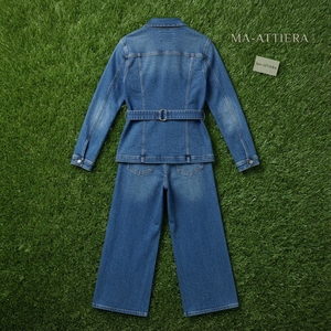 <b>Women</b> Summer <b>Blue</b> Washed Denim Belted Jacket and Wide Leg <b>Jeans</b> Set Casual Two Piece Matching Denim Outfit Streetwear Fashion - Product Image 6