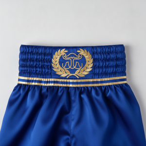 Shorts de boxe bleus pour hommes, coupe classique, broderie à la main, logo doré sur le devant, vêtements d'arts martiaux, taille adulte, polyester - Product Image 5