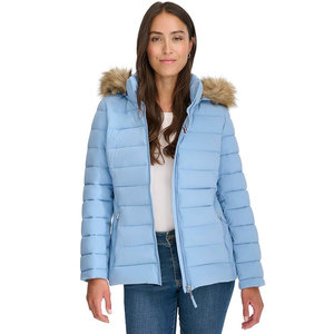 Chaqueta Acolchada Azul Claro para Mujer con Capucha con Ribete de Piel, Cierre de Cremallera, Abrigo de Invierno de Manga Larga y Largo Regular - Product Image 1