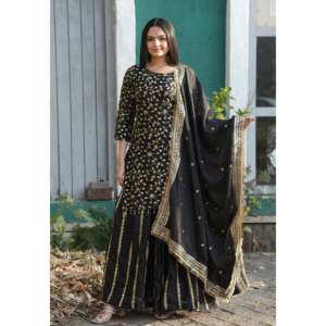 Traje Lehenga Negro Bordado de Diseñador de Moda Feni con Dupatta Elegante, Talla M, Ropa Tradicional Regional, 1000g - Product Image 4