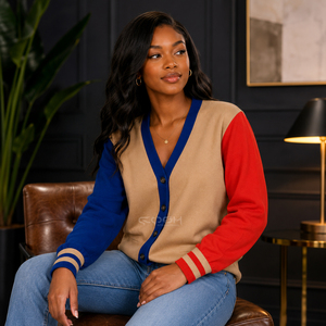 Cosh International <b>Acrylic</b> Knitted Sisterhood Sorority Navy Blue Brown Red Stylish Warm Winter Cardigan Stylish Sweater - Product Image 4