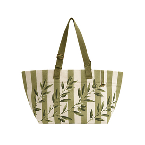 Custom Printed Olive Leaf Striped Cotton Canvas <b>Tote</b> Shopping <b>Bag</b> <b>with</b> Adjustable <b>Shoulder</b> <b>Strap</b> - Product Image 3