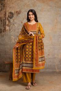 Ensemble de costume droit imprimé en coton de qualité supérieure pour femmes, 60×60, avec pantalon Kurta moutarde et dupatta, pour un usage décontracté et festif - Product Image 3