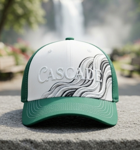 หมวกเบสบอลปักลายแบบ Cascade สีขาวเขียว 6 แผง สำหรับทุกเพศ สไตล์ลำลอง พร้อมลายคลื่นด้านหน้า ขายส่ง OEM - Product Image 1