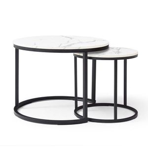 Set of 2 Movable Coffee <b>Tables</b> <b>White</b> Gray Top with Black Frame Circular <b>Round</b> Marble Pattern Wooden Base for Living Room Bedroom - Product Image 6