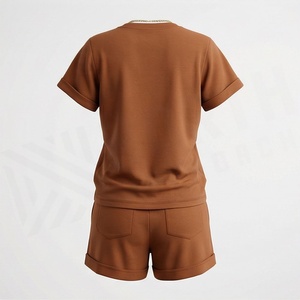 2 Piece High Quality Formal Solid Above Knee Home Wear Suit Short Sleeve T Shirt and Shorts <b>Twin</b> <b>Set</b> for Women - Product Image 2