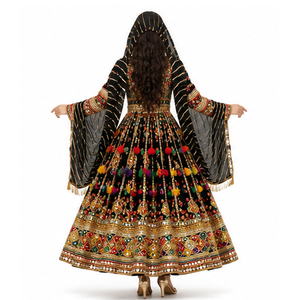 Vestido Étnico Tradicional Indio de Seda Negra Bordada, Largo hasta el Suelo, para Mujer, Corte Regular, para Todas las Temporadas, Vestido Étnico Afgano Kuchi - Product Image 3