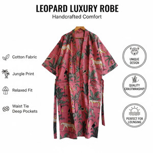 Robe longue en coton bio tissé à la main pour femme, imprimé jungle rose, col en V, manches longues, avec cordon de serrage, tenue de nuit durable - Product Image 6