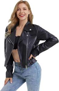 Veste moto en cuir PU noir pour femme, coupe ajustée, col rabattu, fermeture éclair, couleur unie, style automne - Product Image 3
