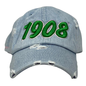 AKA 1908 <b>Light</b> Denim <b>Hat</b> Green Embroidered Letter Baseball Cap Adjustable Washed Denim Headwear Casual Fashion Vintage Style Cap - Product Image 1