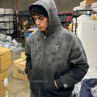 Sweat à capuche zippé intégral OEM vintage délavé style streetwear imprimé sur toute la surface, unisexe, coupe ample en coton brodé avec poche kangourou