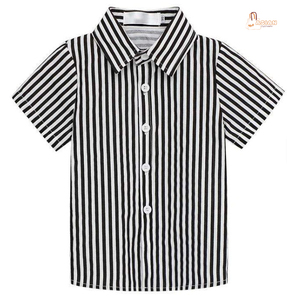 Chemise rayée à manches courtes pour garçons, haut tissé décontracté à col rabattu et boutons sur le devant - Product Image 1