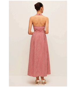 Robe longue asymétrique élégante rouge à carreaux vichy pour femme, en tissu poly-coton doux, léger et respirant - Product Image 3