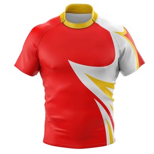 เสื้อรักบี้ผู้ชายแบบพอดีตัว สีแดง ขาว เหลือง พิมพ์ลายแบบ Heat-Transfer ระบายเหงื่อได้ดี แขนกุด คอปกพับได้ ปรับแต่งชื่อทีมได้ - Product Image 1