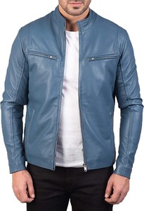 <b>Men</b> Blue Genuine <b>Leather</b> Biker <b>Jacket</b> Motorcycle <b>Jacket</b> Gatsby Blue <b>Leather</b> Biker <b>Jacket</b> - Product Image 2