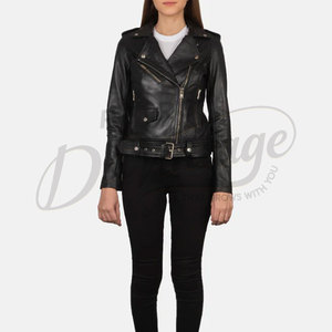 Chaqueta de Cuero Genuino Negra Premium para Mujer, Estilo Motero Clásico con Cierre Asimétrico, Chaqueta de Moto Ajustada de Piel de Oveja Suave con Cinturón - Product Image 4