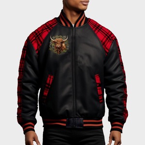 Veste universitaire Stag Crest avec broderie de taureau des Highlands, manches à carreaux - Product Image 1