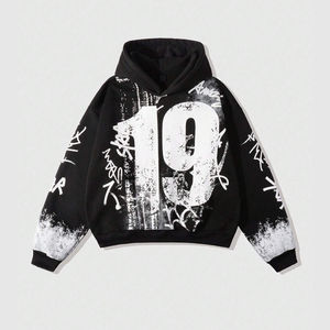 <b>Men's</b> Oversized Hooded Sweatshirt Black White Graffiti Print Streetwear Style Cotton Knitted Regular Fit Autumn Wear - Product Image 1