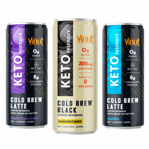 Café Keto en Lata de Aluminio de 320 ml, Sin GMO, Sin Lácteos, Mezcla de Arábica y Robusta, Endulzado, VINUT, Frío - Product Image 1