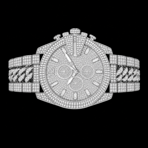 Montre chronographe en argent sertie de pierres avec bracelet cubain, montre de luxe pour homme, sertie de pierres, tendance - Product Image 2