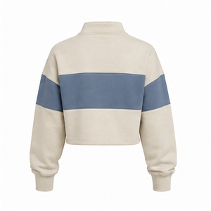 Customize Silver <b>Grey</b> Womens Relaxed Half Zip Cropped <b>Sweatshirt</b> Contrast Stripe Cotton Fleece - Product Image 3